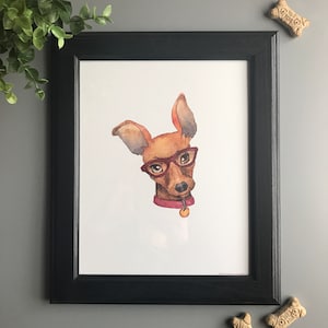 May include: A watercolor painting of a brown dog wearing red glasses and a red collar with a gold tag. The dog is looking directly at the viewer.