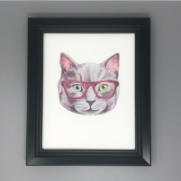 Gray Cat in Glasses Print