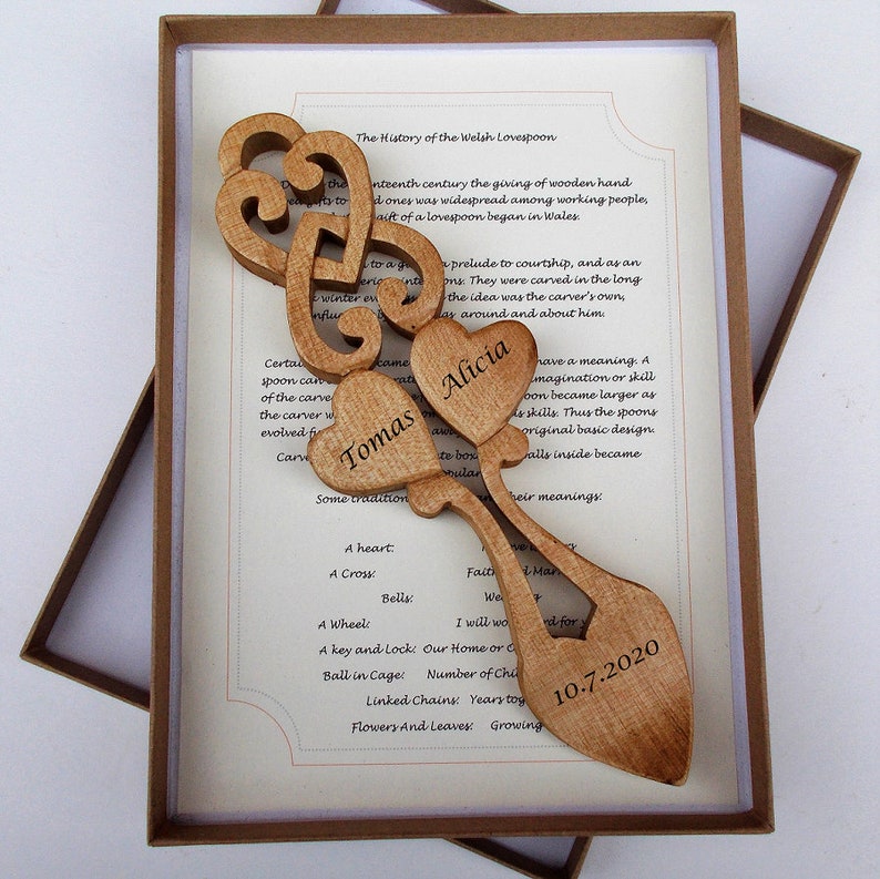 Personalised Oak Lovespoon InterLinked Carved Hearts Wedding, Anniversary,Engagement, Celebration, Love Token with Meaning, image 1