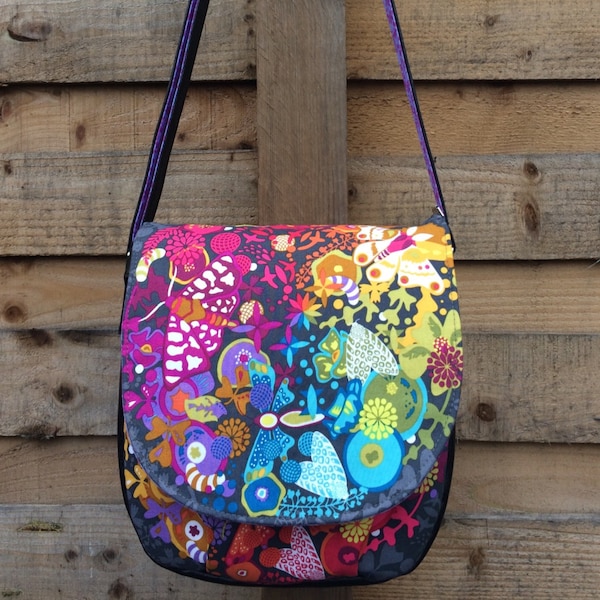 Alison Glass Ex Libris saddle bag - Swoon Sandra - shoulder bag - handbag - gift for mum - cross body bag - bright bag - butterfly bag