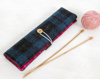 Harris tweed knitting needle case, luxury knitting needle roll, gift for knitter, straight needles storage