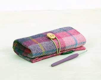 Harris tweed crochet hook case, luxury crochet hook roll, gift for crochet lover