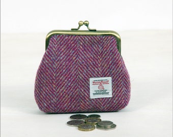 Harris tweed kiss lock purse, small wool coin purse, wool anniversary gift for wife, metal framed clasp purse