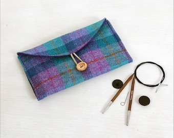 Interchangeable knitting needles case, Harris tweed needle pouch, gift for knitter, wool anniversary gift for wife.