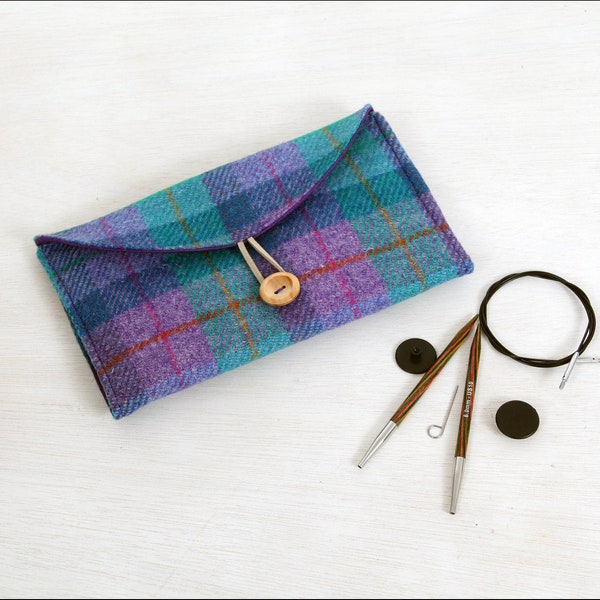 Interchangeable knitting needles case, Harris tweed needle pouch, gift for knitter, wool anniversary gift for wife.