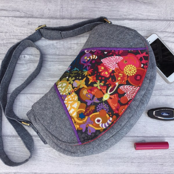 SALE-  cotton shoulder bag - crossbody bag - Swoon Rosie - festival bag - saddle bag - vegan bag - gift for mum - Alison Glass Ex Libris