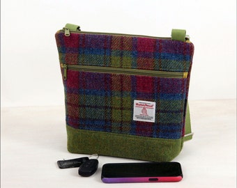 Small Harris tweed crossbody bag, tartan purse, wool anniversary gift for wife, sling bag, Scottish gift, wool bag