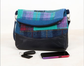Harris tweed patchwork shoulder bag, wool tweed purse, wool anniversary gift for wife