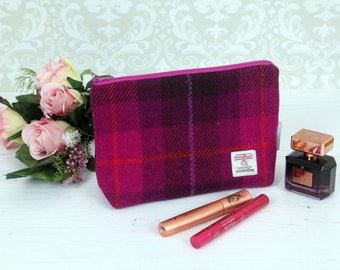 Pink tartan Harris Tweed makeup bag, wool Anniversary gift for wife, wool cosmetics bag.