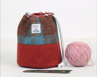Small drawstring project bag, Harris tweed sock sack, gift for knitter, amigurumi project pouch