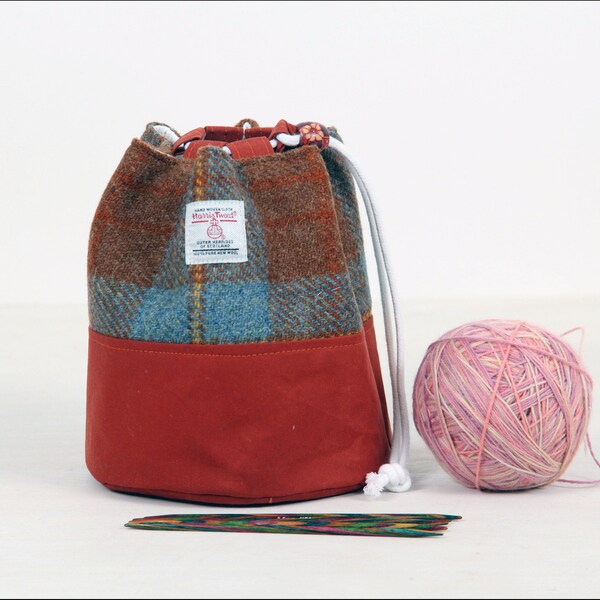 Small drawstring project bag, Harris tweed sock sack, gift for knitter, amigurumi project pouch