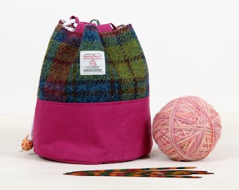 Small drawstring project bag, Harris tweed sock sack, gift for knitter, amigurumi project pouch