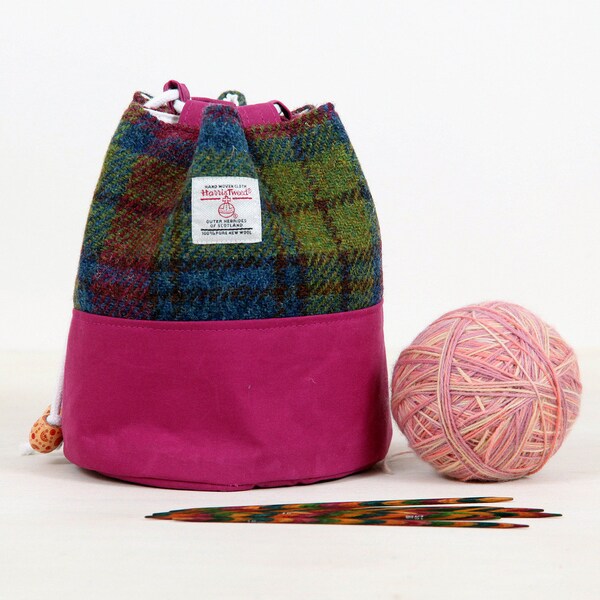 Small drawstring project bag, Harris tweed sock sack, gift for knitter, amigurumi project pouch