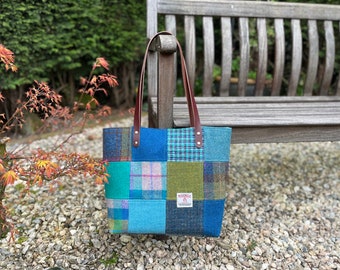 Harris tweed patchwork tote bag, zero waste shopper, wool anniversary gift for wife, colourful purse