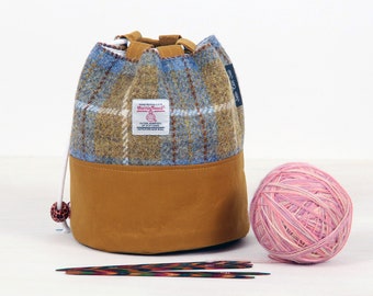 Small drawstring project bag, Harris tweed sock sack, gift for knitter, amigurumi project pouch