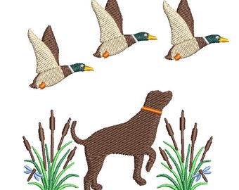 Duck hunting embroidery design, Flying duck embroidery, Hunting dog embroidery, Hunting scene embroidery, flying mallard duck