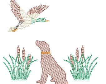 Quick stitch flying duck, flying duck and hunting dog embroidery design, Sitting dog hunting embroidery file, little boy hunting embroidery