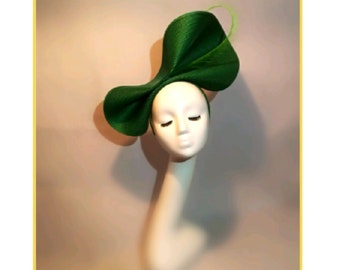 Green Hat, Large Wedding Hat, Unusual Hat for Races, Unique Hat for Wedding, Funky Hat, Quirky hats, Dark Green Straw Hat, Ascot Race Hat