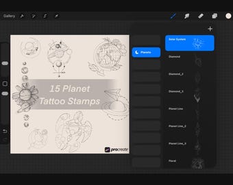 May include: A digital art display showcasing 15 planet tattoo stamps. The designs include planets, suns, and geometric shapes. The word "Planets" is highlighted in blue. The Procreate logo is visible. The image is on a digital tablet.