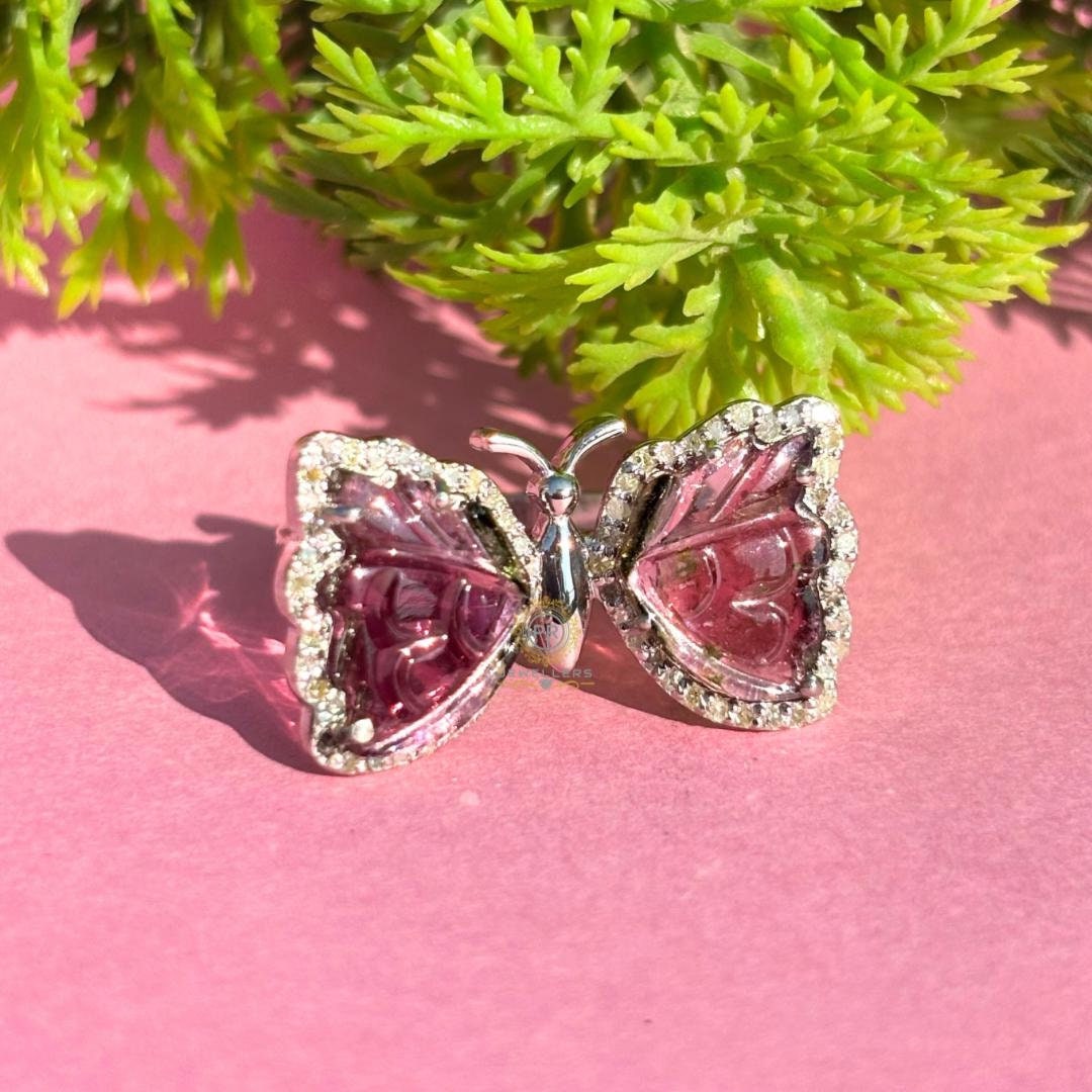 Pink Flying Rings Pink Butterfly Ring: Tourmaline & Diamond Halo, Nature-inspired Jewelry ...