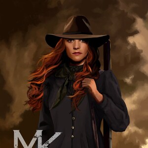 May include: A woman wearing a black outfit and a brown hat stands in a field with a rifle slung over her shoulder. The sky is cloudy and the sun is setting in the background.