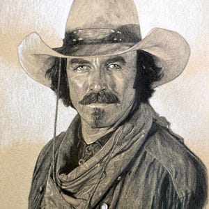 May include: A black and white pencil drawing of a man wearing a cowboy hat and a scarf. The man has a mustache and a serious expression on his face.