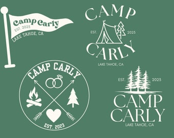 May include: Four white graphic designs on a green background. Designs include a pennant flag, a tent with trees, a circular emblem with crossed arrows, wedding rings, a campfire, a heart, and a tree, and a text-based logo with pine trees.
