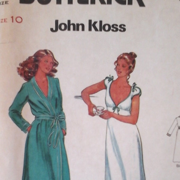 Butterick 6370 Designer John Kloss Fitted and Flared Ankle Length Nightgown and Front Wrapped Robe size 10, Bust 32.5, Vintage Pattern, maxi