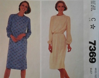 1980s McCall's 7369 Dress Pattern, Size 12, Bust 34, vintage 80s McCall's Bishop Sleeve Dress sewing pattern, 80s dress pattern, midi dress