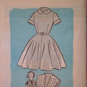May include: Vintage printed sewing pattern featuring a dress and bolero jacket design. The dress has a fitted bodice, short sleeves, and a flared skirt. The bolero is a plaid pattern. The text "Printed Pattern" and "4593-SIZE" are visible.