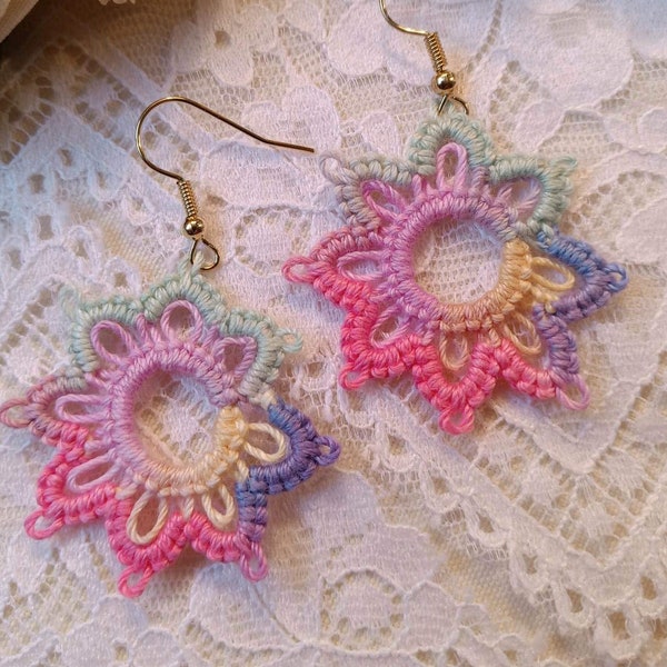 Handmade lace earrings, tatted flower earrings, lace jewelry star earrings, tatting lace frivolite, gift for her, lace rainbow earrings