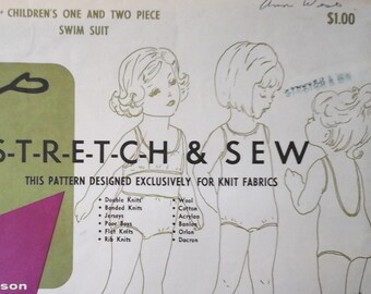 May include: A vintage sewing pattern for children's one and two-piece swimsuits. The pattern is called "Stretch & Sew" and is designed exclusively for knit fabrics. The pattern includes instructions for sizes 2-4-6.