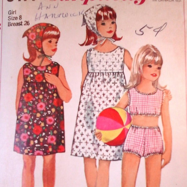 60s Simplicity 6471 Girl's Dress, Two-Piece Bathing Suit and Scarf Pattern, size 8 or size 12, Vintage 60s Simplicity girl's pattern, dress