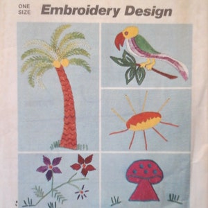 May include: Simplicity pattern number 6198, Embroidery Design, one size, 85 cents. The pattern includes designs for a palm tree, a parrot, a sun, a mushroom, and flowers.