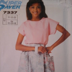 May include: A vintage sewing pattern featuring a woman wearing a pink top and a floral print skirt. The pattern is labeled "SUPER SAVER 7337" and includes size information. The skirt has pockets.