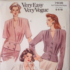 FF Vogue 7838 Easy Buttoned Blouse Pattern, size 6-8-10, Bust 30.5-32.5, Vintage 90s Vogue Shirts, long sleeve, peplum top pattern DIY