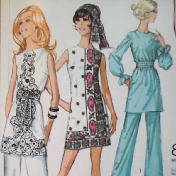 1960s Simplicity 8635 Mini-Dress and Pants Pattern, Size 8, Bust 31.5, 60s sleeveless mini dress, tunic pattern,  60s Easy pants pattern
