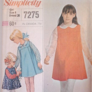 Simplicity 7275 Girls Dress Pattern, size 8, 1960s vintage girls sewing pattern, girls jumper pattern 8, girls long sleeve dress pattern image 1