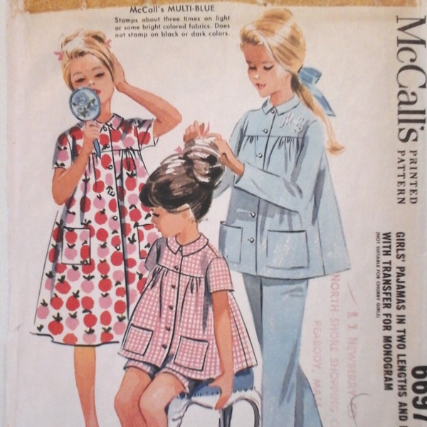 McCall's 6697 Girls Pajamas and nightshirt Pattern, size 12, vintage 60s girls sewing pattern, girls nightgown pattern, teen pajamas pattern