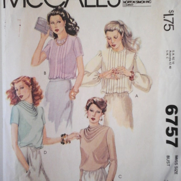 70s McCall's 6757 Misses Cowl Neck Blouse or Pleated Front Blouse Pattern, size 8, Bust 31.5, Vintage McCall's sewing pattern, Work blouses