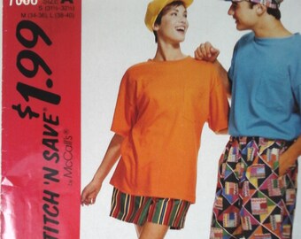 FF McCall's 7050 Unisex Easy Shorts, T-Shirt and Hat Sewing Pattern, Size S-XXL, Mens or Boys Jams Shorts, Bermuda Shorts and Top, easy Cap