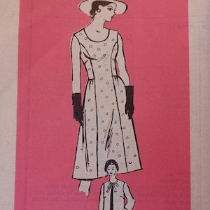 May include: A vintage sewing pattern for a dress with a polka dot print. The pattern is printed on pink paper and includes instructions for making the dress. The pattern number is 4530 and the size is 8.