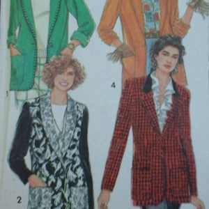 May include: Four different blazer designs for women. The first blazer is green with a white collar and a white shirt underneath. The second blazer is black with a white floral pattern. The third blazer is orange with a white collar and a patterned shirt underneath. The fourth blazer is red and white checkered with a white collar and a white shirt underneath.