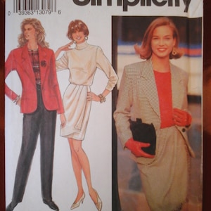 May include: Simplicity sewing pattern number 8034, size U (16-20), EUR U (44-48). The pattern features three different outfits: a red blazer with black pants, a white blouse with a skirt, and a black and white checkered blazer with a skirt. The pattern is for women's clothing.