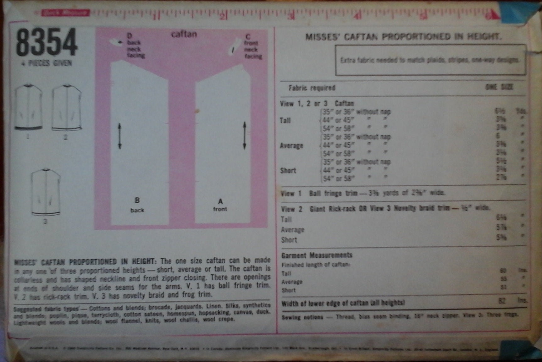 FF Simplicity 8354 Misses Caftan Pattern, One Size, 1960s