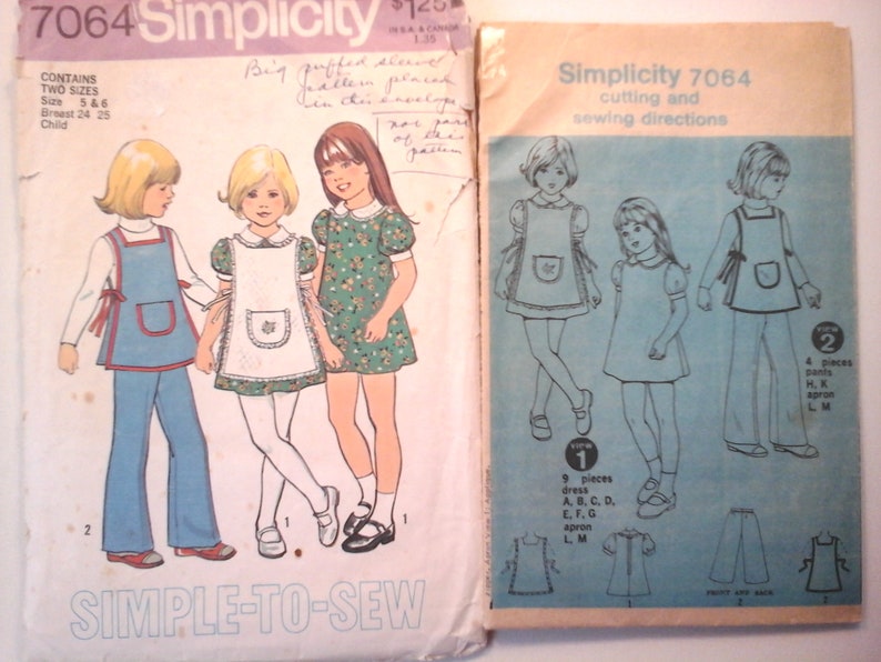 Simplicity 7064 Girls Dress, Apron and Pants Pattern, instructions