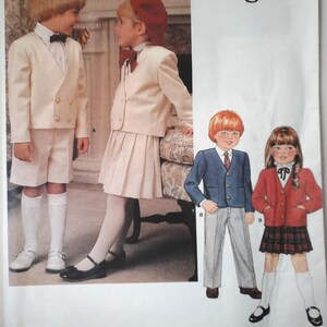 May include: A sewing pattern for children's clothing from Little Vogue. The pattern includes designs for a white suit with a double-breasted jacket, a white dress with a jacket, a blue suit with a vest, and a red sweater with a plaid skirt. The pattern number is 1313.