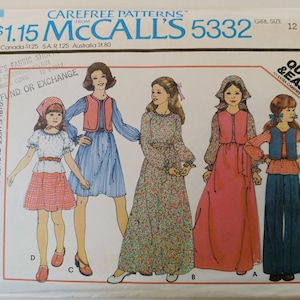 May include: Vintage McCall's 5332 sewing pattern for girls' clothing, including a vest, blouse, scarf, and skirt. The pattern features illustrations of various outfits, with the text "Quick & Easy" and "Girl Size 12".