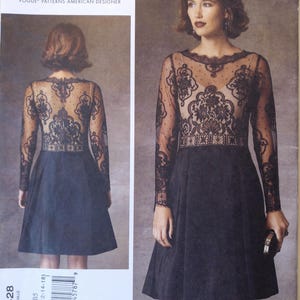 May include: A Vogue pattern by Tom and Linda Platt featuring a black dress with a lace bodice and sleeves. The dress has a flared skirt and is designed for sizes 8-16. The pattern includes the number V1428.