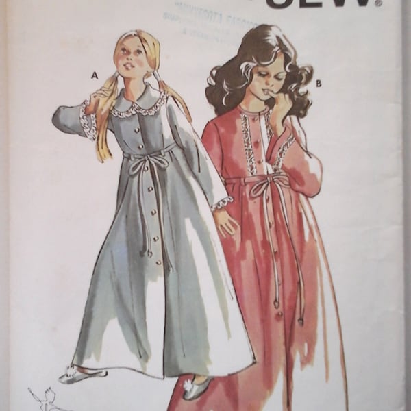 Kwik Sew 644 Girls Robes Pattern, size 8-10-12, vintage 70s empire waist robe pattern, child belted robe pattern, Girls long sleeve bathrobe